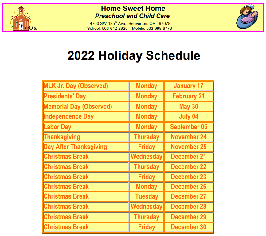 Holiday Schedule 2022